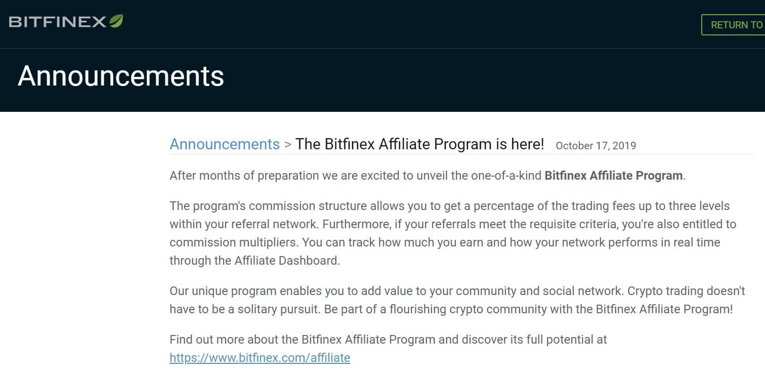 Bitfinex Launches Affiliate Program